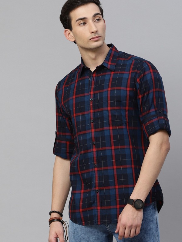 Roadster Men Checkered Casual Dark Blue Shirt