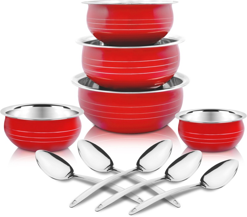 Classic Essentials Cherry Coloured Stainless Steel Handi/patila/bhagona/biryani cook & serve Handi Induction Bottom Cookware Set(Stainless Steel, 10 – Piece)