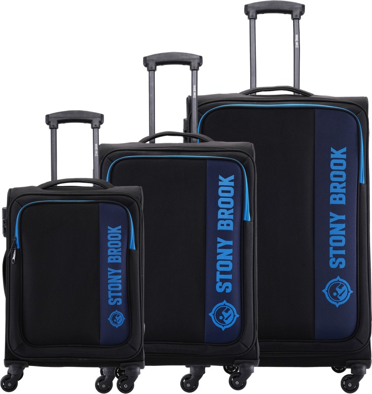 Stony Brook by Nasher Miles Classic Soft-Sided Polyester Luggage Set of 3 Black Trolley Bags (55, 65 &75cm) Cabin & Check-in Set 4 Wheels – 28 inch