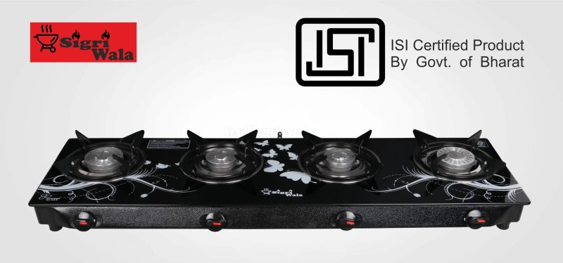 Sigri-wala Surya ISI Certified Straight Line Toughened Glass Tornado Burner Stainless Steel, Glass Manual Gas Stove(4 Burners)