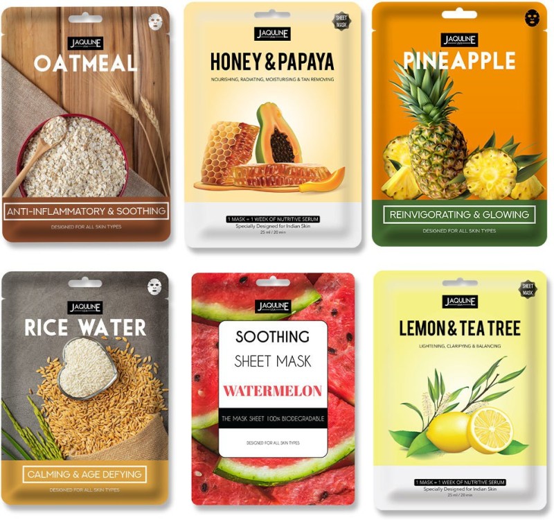 Jaquline USA Oatmeal,Honey & Papaya,Pineapple,Rice Water,Watermelon , Lemon & Tea Tree Masks(150 ml)