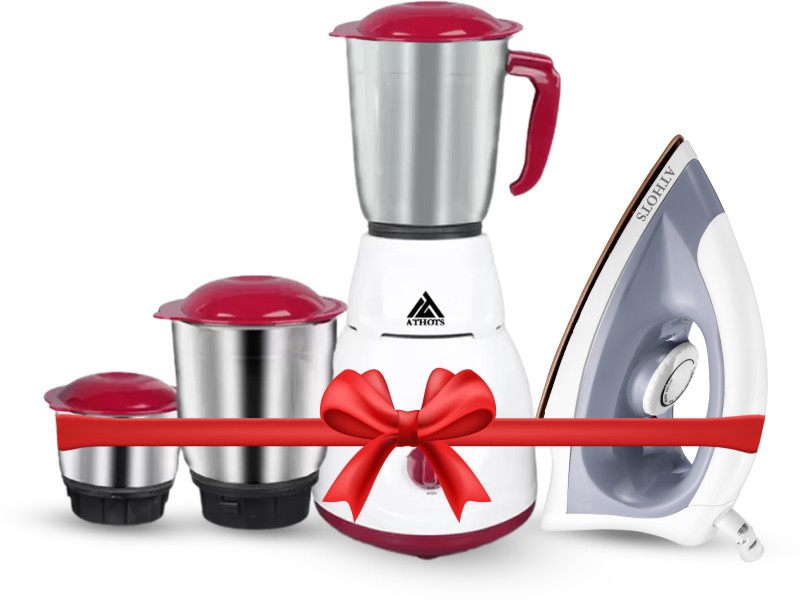 Athots Eco Mingle CNC Hybrid Power Full 555 W Mixer (3 Jar) + 1100 W Dry Iron Diamond 555 Mixer Grinder (3 Jars, White, cheery, With Iron)