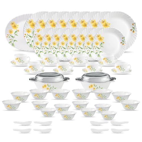 La Opala Diva Classique Collection Opal Glass Crockery | For Family Of 8 | Dinner Set 61 Pcs Yellow Daisy | Plates & Bowls For Dining | Microwave Safe | 100% Vegetarian | Extra Strong | White