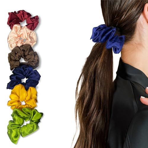 Temperia (6 Pcs) Silk Satin Scrunchies For Women & Girls – Stylish Luxury Ponytail Rubber Band Ties For Hair – Mix Colours (Mn02)