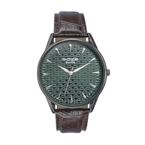 Sonata Poze Quartz Green Dial Brown Leather Strap for Men-SP70047QL01W