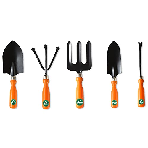 TrustBasket Gardening Hand Tools Set – 5 Pcs (Cultivator, Big and Small Trowel, Weeder, Fork) | Gardening Tools for Home Garden | Durable Plant Tool Kit | Farming Tools