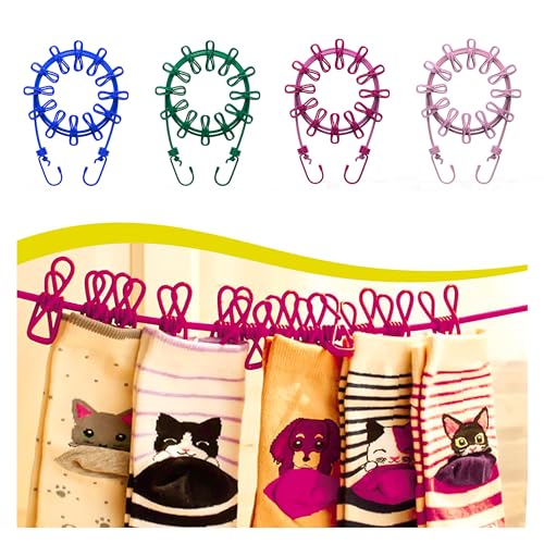Eightiz Cloth Drying Rope With Hooks Elastic Cloth Hanging Rope For Cloth Drying With 12 Clips Cloth Rope For Drying Clothes For Travel Home Outdoor Kapde Sukhane Ki Rassi Wire -Multicolor (Pack Of 1)