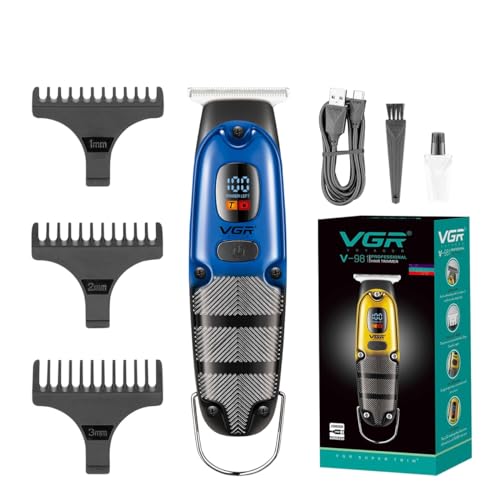 VGR V-981 Professional Digital Display with Turbo function Rechargeable cordless Pro Self Haircut Hair Clipper Beard trimmer Hanging Loop Stainless steel Blades USB Charging cable 3 Guide Comb, Blue