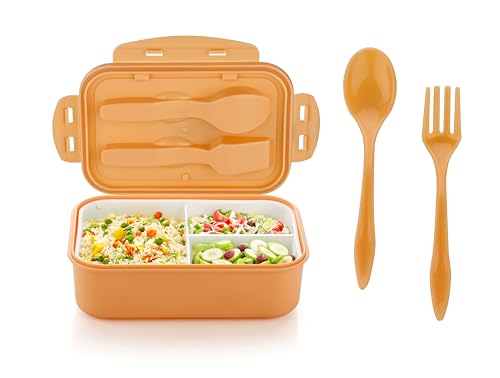 Attro Carbon Lunch Box with 3 Compartment, Stylish lid & 2 Spoons Made with Heavy Plastic BPA Free Food Grade Perfect for School Kids, College & Outdoor 1100ml – Peach