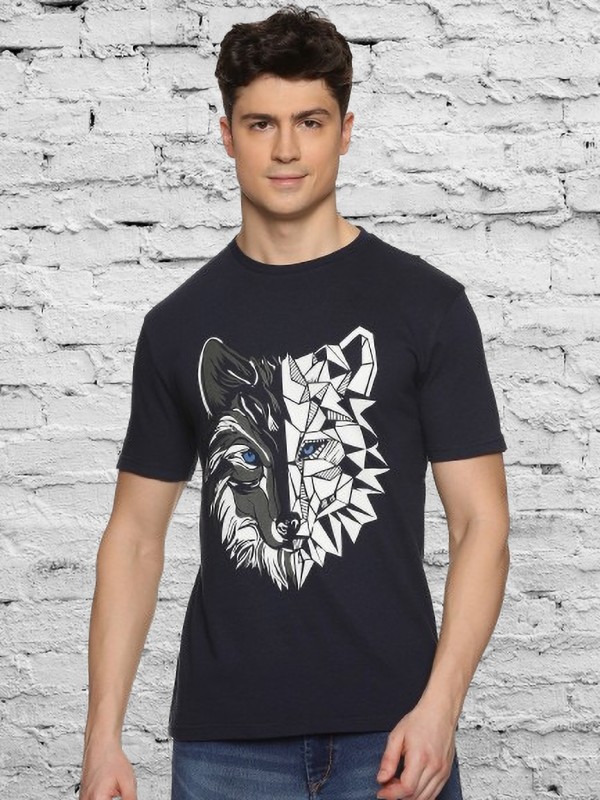 UrGear Printed Men Round Neck Navy Blue T-Shirt