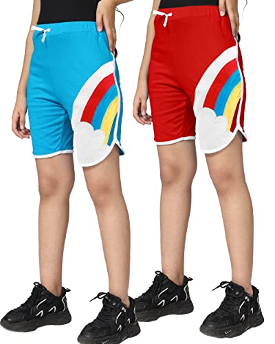 KYDA KIDS 100% Cotton Trendy Rainbow Embroidery Shorts for Girls – Regular Fit Girls Shorts, Multicolored, 4-5 Years (Pack of 2)