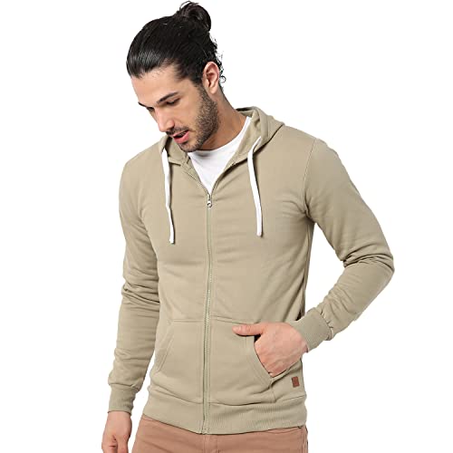 Campus Sutra Men’s Beige Solid Regular Fit Zipper Sweatshirt with Hoodie for Winter Wear | Full Sleeve | Cotton Sweatshirt | Casual Sweatshirt for Men | Western Stylish Sweatshirt for Man