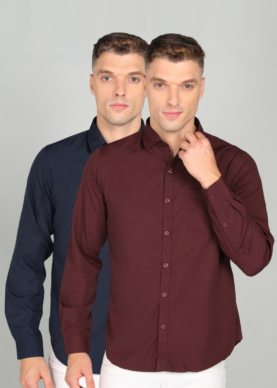 METRONAUT Men Solid Casual Dark Blue, Maroon Shirt(Pack of 2)