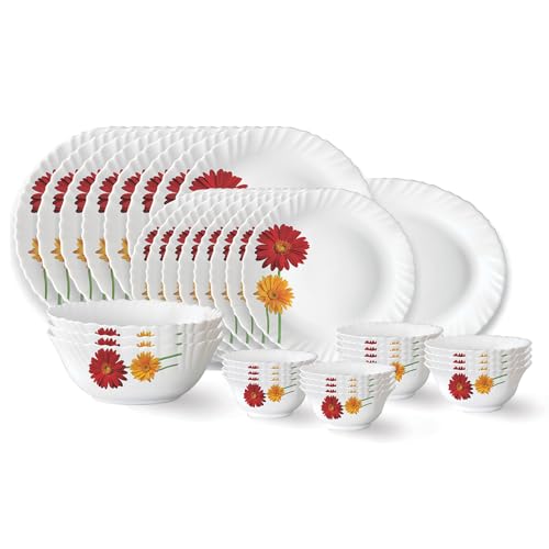 Larah by Borosil Zinnia Fluted Series Opalware Dinner Set | 40 Pieces for Family of 6 | Microwave & Dishwasher Safe | Bone-Ash Free | Crockery Set for Dining & Gifting | Plates & Bowls | White