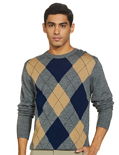 Amazon Brand – Symbol Men’S Acrylic Ls Argyle Pattern Round Neck Sweater Pullover (Sy-A22-Mna-Sw-01_Mid Grey Mel, Medium)