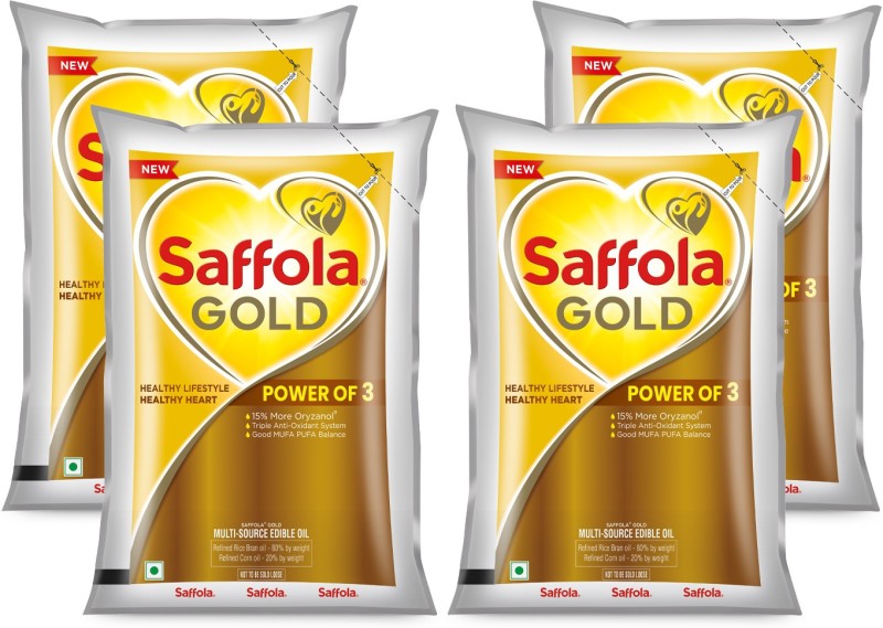 Saffola Gold| Power Of 3 | Blend Of Rice Bran & Corn Blended Oil Pouch(4 X 1 L)