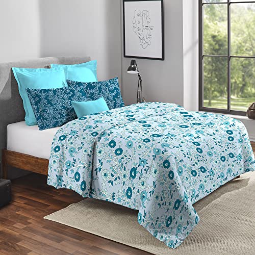 Trident Feather Tales Queen Size Reversible Comforter Double Bed Blanket, 144 Thread Count, 100% Cotton Shell With 120 Gsm Polyfill, Ac Blanket Double Bed, Quilt – Desert Gardern Blue