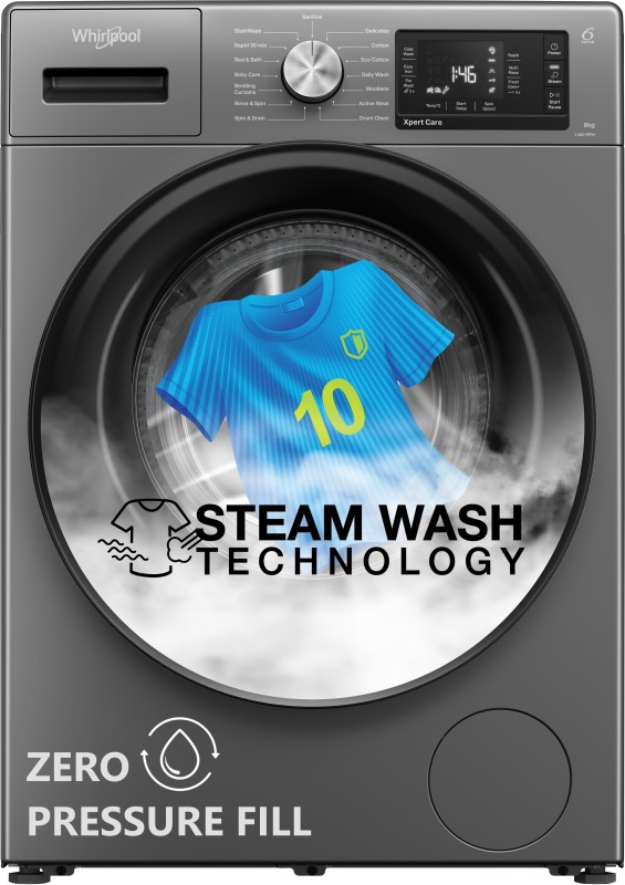 Whirlpool 8 Kg Steam Technology 5 Star Inverter 100+ Tough Stains, 6Th Sense Soft Move Fully Automatic Front Load Washing Machine With In-Built Heater Black(Xs8014Bym52E)