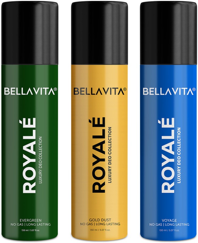 Bellavita Evergreen, Gold Dust & Voyage Deo Parfum Combo|3X150Ml|Long Lasting Body Spray| Body Spray – For Men & Women(450 Ml, Pack Of 3)