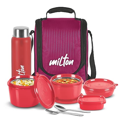 Milton Pro Lunch Box With Steel Cutlery, 3 Microwave Safe Inner Steel Containers (180 Ml, 320 Ml, 450 Ml), Plastic Chutney Dabba,100 Ml, Steel Bottle, 750 Ml With Insulated Bag, Office Tiffin, Maroon