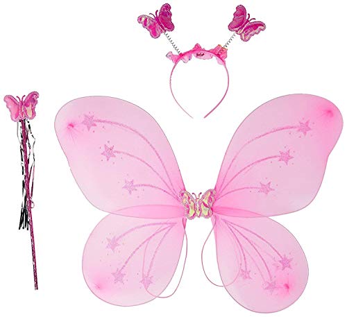 Crackles Fairy Butterfly Wings With Matching Hair Band And Magic Wand Costume For Baby Girls Birthday Party/Princess Accessories/Party Gift For Kids/Party Supplies (Pack Of 1,Pink)