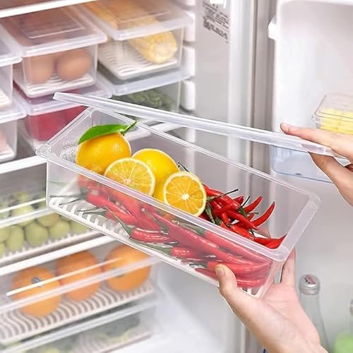 TEKCOOL Plastic Fridge Storage Boxes (Pack Of 6), Fridge Organizer With Removable Drain Plate Tray Keeps Fruits, Vegetables, Meat, Fish Fresh Longer (1500 Ml),White