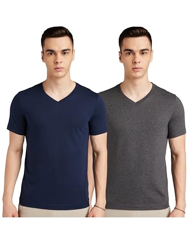 Amazon Brand – Symbol Men’S Solid Regular T-Shirt (Aw17Plpo2V3_Dark Grey Melange & Iris Navy S)