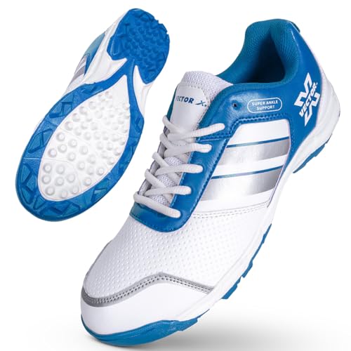 Vector X Blast-7.0 Stud Cricket Shoes, Synthetic Upper, Rubber Outsole, Designed To Elevate Your Game To New Heights Power, Precision, And Comfort(White-Blue) Size- 8