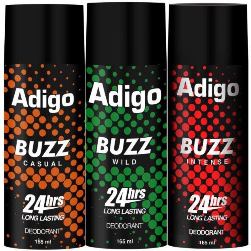 adigo BUZZ CASUAL | INTENSE | WILD | 24HRS LONG LASTING | 165ML EACH Deodorant Spray – For Men(495 ml, Pack of 3)