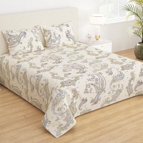 Story@Home Bedsheet For Double Bed Queen Size Microfiber 210 Tc With 2 Pillow Covers, 225 Cm X 250 Cm, Off White & Pink, Motif