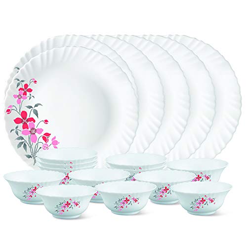 Larah By Borosil Glass Florethali Set (White) – 18 Pieces