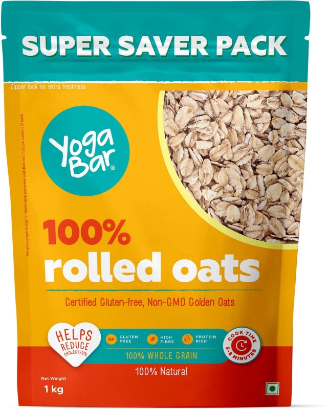 Yogabar by Yogabar 100% Rolled Oats | Premium Golden Rolled Oats, Gluten Free, High Fibre, Non GMO Pouch(1 kg)