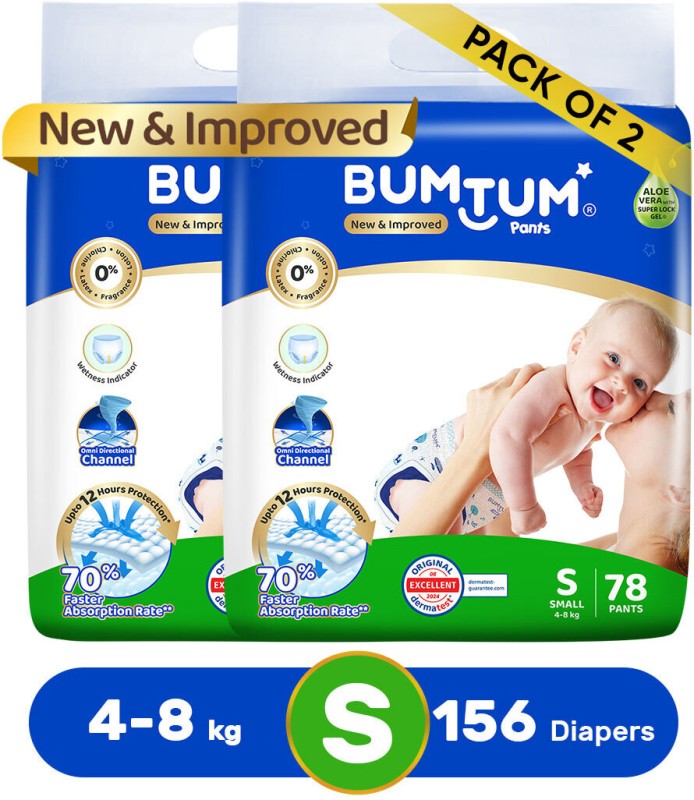 BUMTUM Baby Diaper Pants Double Layer Leakage Protection High Absorb Technology – S(156 Pieces)