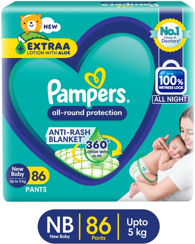 Pampers All Round Protection Diaper Pants, Anti Rash Blanket, Lotion with Aloe – New Born(86 Pieces)