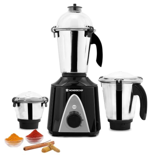 Wonderchef Hush Bldc Mixer Grinder | 3 Jars For Blending, Dry Grinding, Chutney Grinding | Low Friction | Low Noise | Conserves Power | Grind Masalas, Nuts, Coconut To Fruits/Vegetables | Rpm 18,000