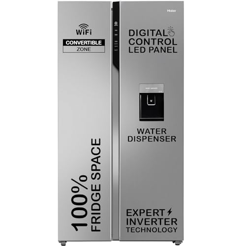 Haier 596 L, Wi-Fi Enabled Water Dispenser Frost Free, 2-Door Side By Side Refrigerator With 100% Convertible Fridge Space & Expert Inverter Technology (Hrs-682Swdu1, Shiny Steel, 2024 Model)