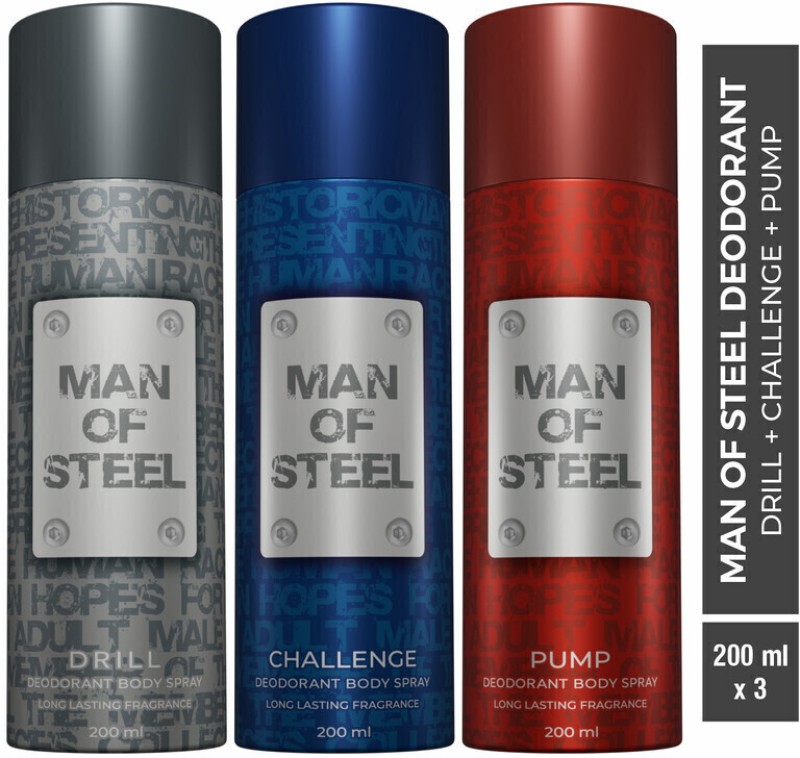 DENVER Combo of Man Of Steel Drill + Challenge + Pump Long lasting Deodorant Spray – For Men(600 ml, Pack of 3)