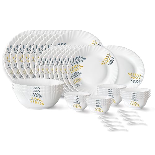 Larah By Borosil Niva Fluted Series Opalware Dinner Set | 44 Pieces For Family Of 8 | Microwave & Dishwasher Safe | Bone-Ash Free | Crockery Set For Dining & Gifting | Plates & Bowls | White