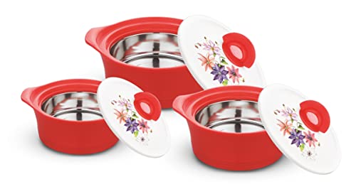 Asian Inner Steel Casserole Gift Set Of 3,| Pu Insulated | Bpa Free |Easy To Store | Ideal For Chapatti |Serving Casserole Red.