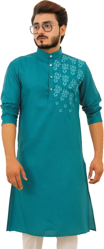 Tibra Collection Men Embroidered Straight Kurta(Green)