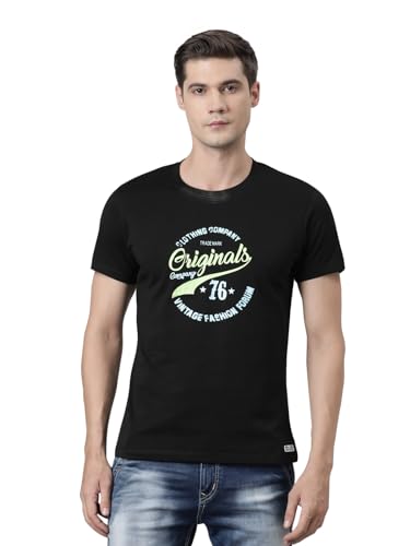Buzz Standard Men Round Neck, 100% Pure Super Soft Rich Cotton, Regular Fit, Half Sleeve, Casual Printed T-Shirt (Bzpr01_Black L)