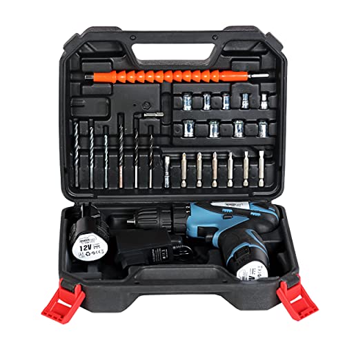 Wondercut Wc-Cdk1007B Cordless Screw Driver With Soft Grip/Drill,12V,18 Torque Setting, 2 Modes, Variable Speed, Forward & Reverse,27 Accessories,2 Battery, Adapter, Home Diy&Professional, Blue&Black