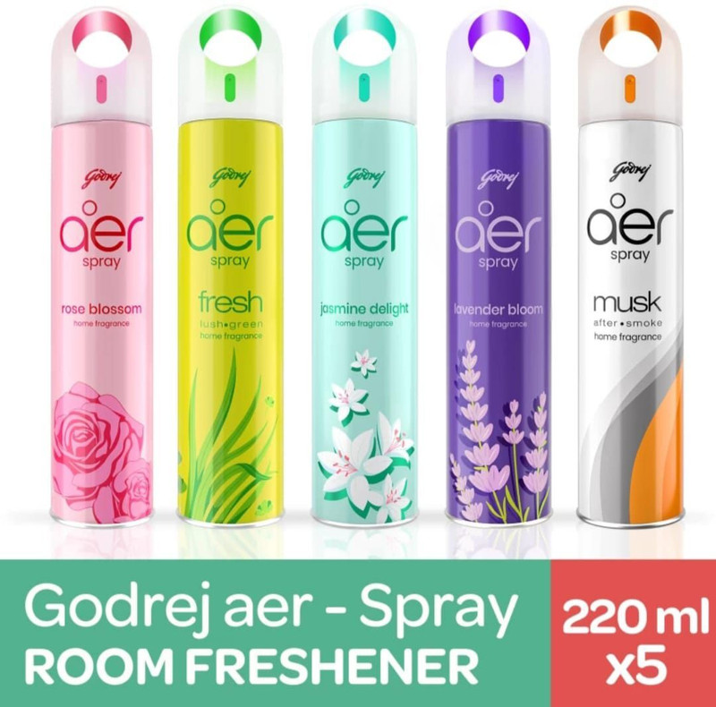 Godrej Aer PETALCRUSHPINK, FRESHLUSHGREEN, MUSKAFTERSMOKE, VOILETVELLYBLOOM, MORNINGMISTYMEADOWS Spray(5 x 220 ml)