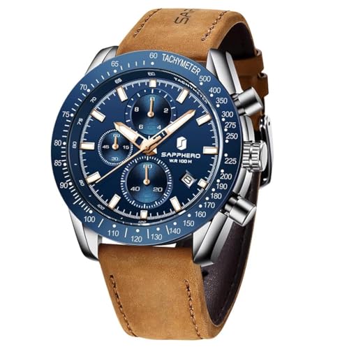 Sapphero Mens Watches Quartz Movement Chronograph Leather Strap Fashion Business Sport Design 30M Waterproof Scratch Resistant Elegant Gifts for Men