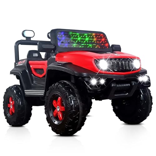 Kidsmate Power Ride Battery Operated Baby Car Jeep For Kids | 4 Wheel Remote Control Car With Rgb Lights, Music & 12V Rechargeable Battery | Perfect Ride-On Toy For Boys & Girls Ages 3-8 Yr (Red)