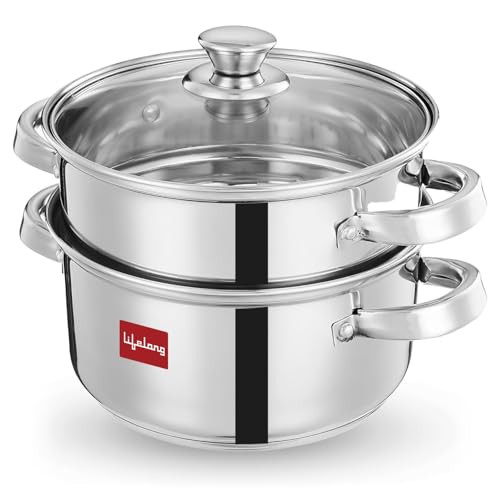 Lifelong 2-Tier Steamer/Momo/Modak Maker | Induction Compitable With Glass Lid & Riveted Handles | 20 Cm Stainless Steel Multi-Purpose Cooking Steamer (Llmom01)