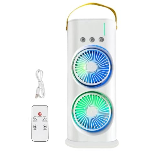 Double Ended Spray Fan With Led Lights & Humidifier, Usb Cable And Remote Control, Rechargeable, Portable Cooling Mist Fan