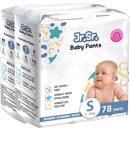 Jr. Sr. Baby Diaper Pants With Advanced Leak Protection | Soft & Comfortable| Small | 4-8 Kg | 156 Counts | Pack Of 2