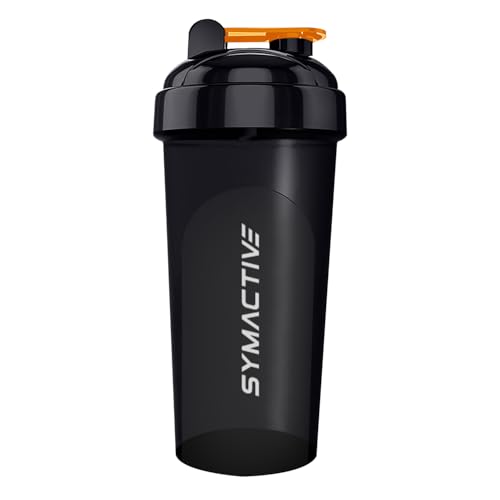 Amazon Brand – Symactive Plastic Shaker Bottle With Mixer Ball And Carry Loop | Protein Shaker | Leak-Resistant | (700Ml, Black)
