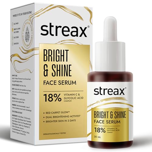 Streax Bright & Shine Face Serum, 30 Ml|10% Vitamin C Serum|Brighter Skin In 3 Days|Serum For Glowing Skin| Reduces Dark Spots & Pigmentation|Niacinamide Serum, Vitamin C Face Serum For Women & Men